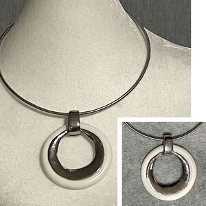 Chico’s Silver Tone White Enamel Circle Pendant Necklace Modern Minimalist